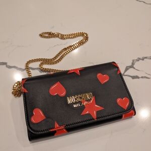 Moschino Black Clutch with Red Hearts and Stars
